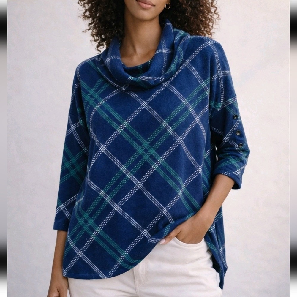 Christopher & Banks NEW Plaid Cowl Neck Relaxed Fleece Knit Pullover SZ Medium